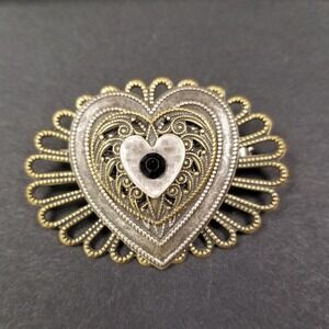 Jane Vintage Heart Brooch Filigree Mixed Metal Black Rhinestone Whimsigoth Goth